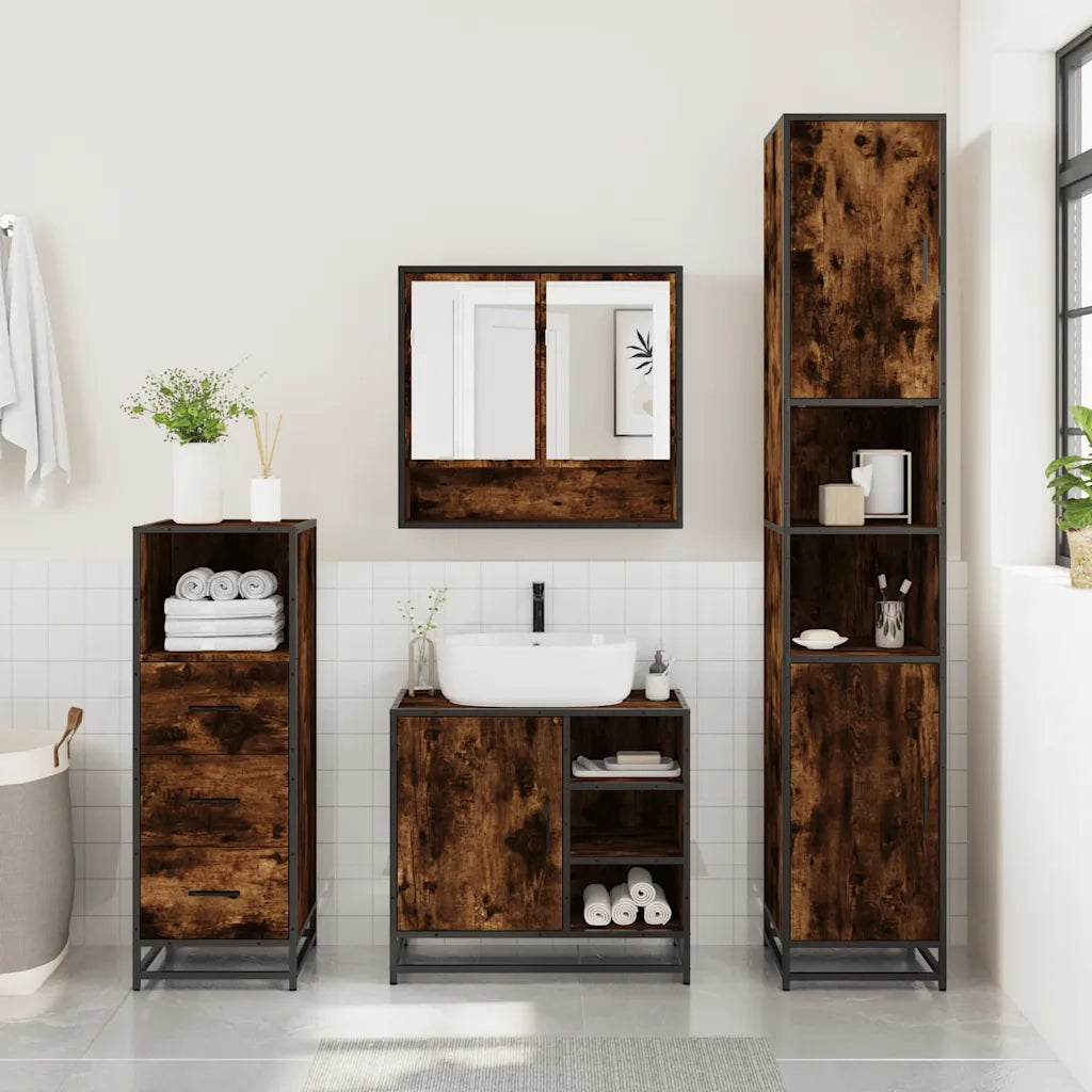 Set Mobili da Bagno | Armadio da bagno 3 pz Rovere Fumo in Legno Multistrato