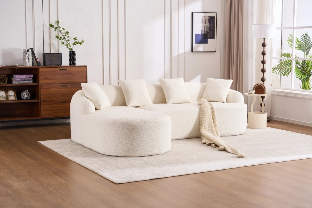 Divano con chaise longue a 3 posti modulare a forma curva in chenille bianco, montaggio senza attrezzi, 67 × 243 × 150 cm