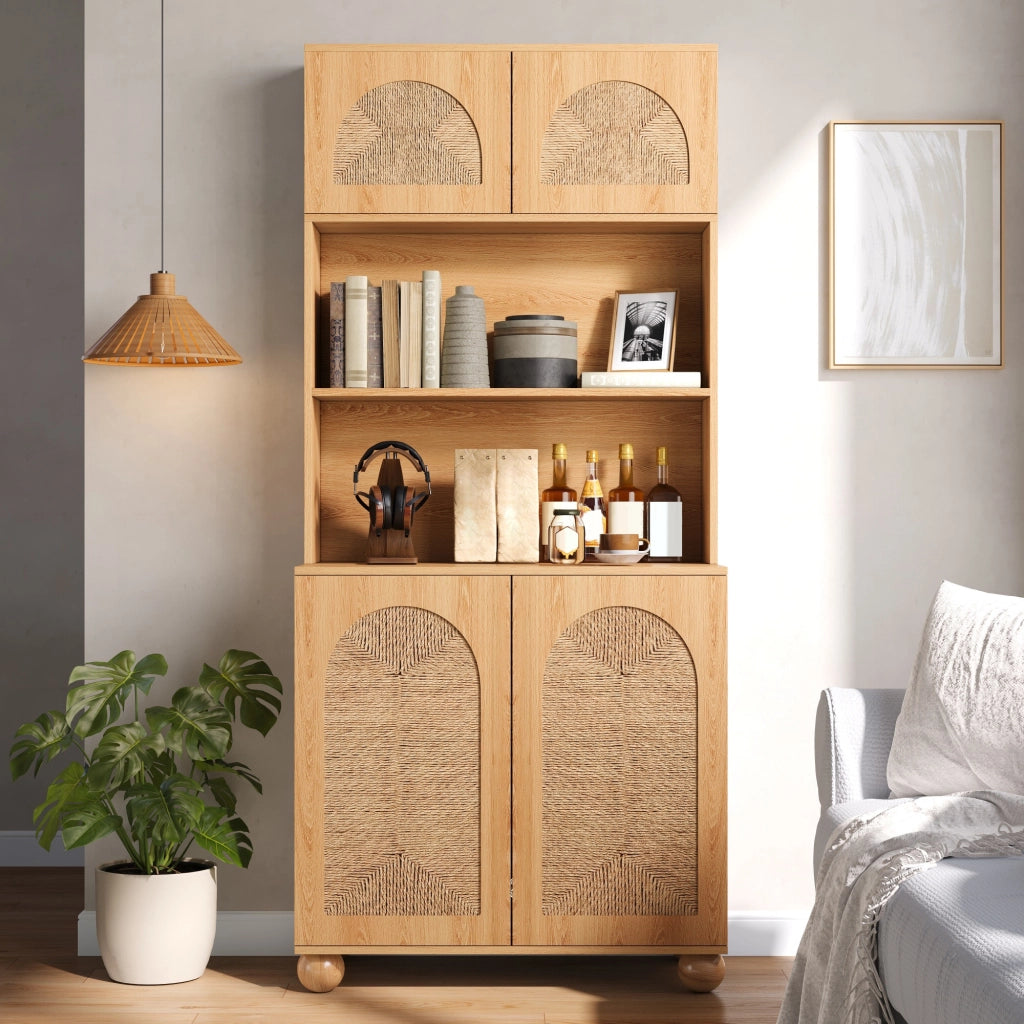 Mobile contenitore a tre sezioni con ante in intreccio ad arco e ripiano regolabile naturale 80 × 40 × 180 cm