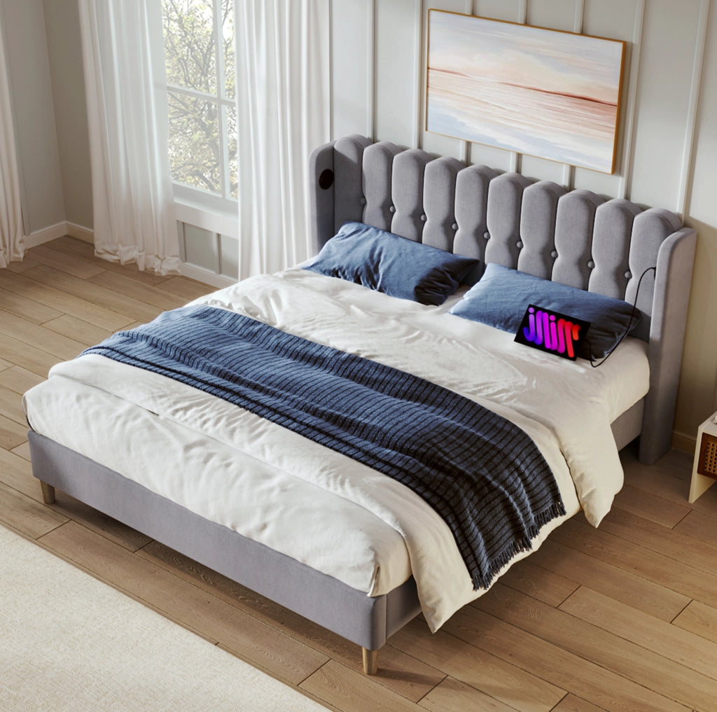 Letto matrimoniale imbottito grigio 160x200 cm con USB e Type-C