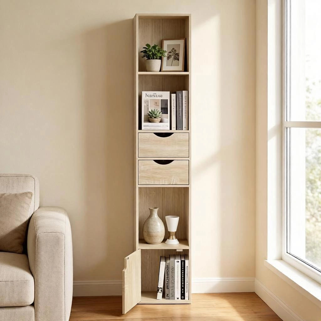 Libreria stretta con 3 nicchie, 2 cassetti e anta, ripiani regolabili, per soggiorno, rovere chiaro, 30 × 24 × 157,5 cm