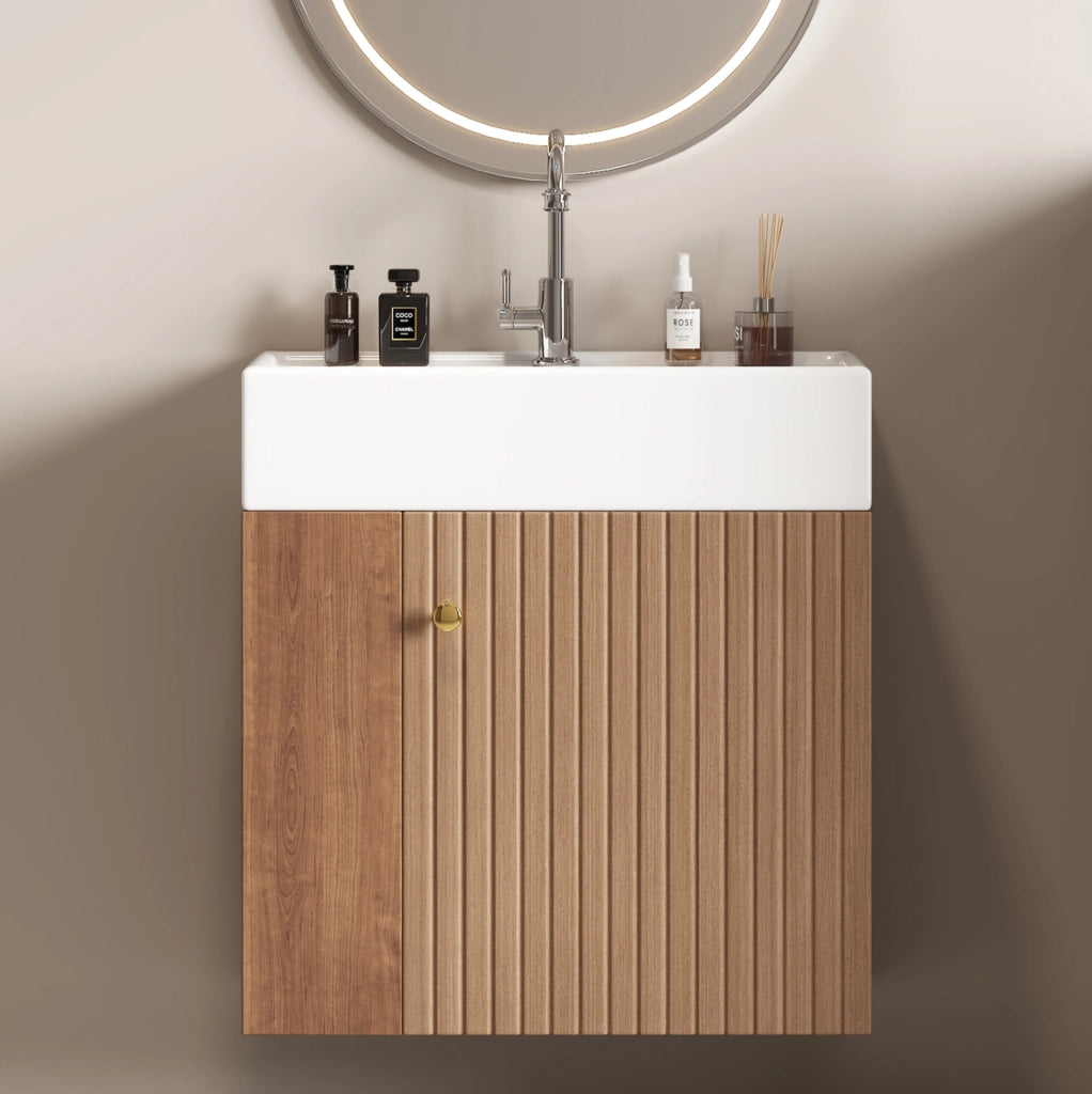 Mobile bagno compatto con lavabo in ceramica marrone