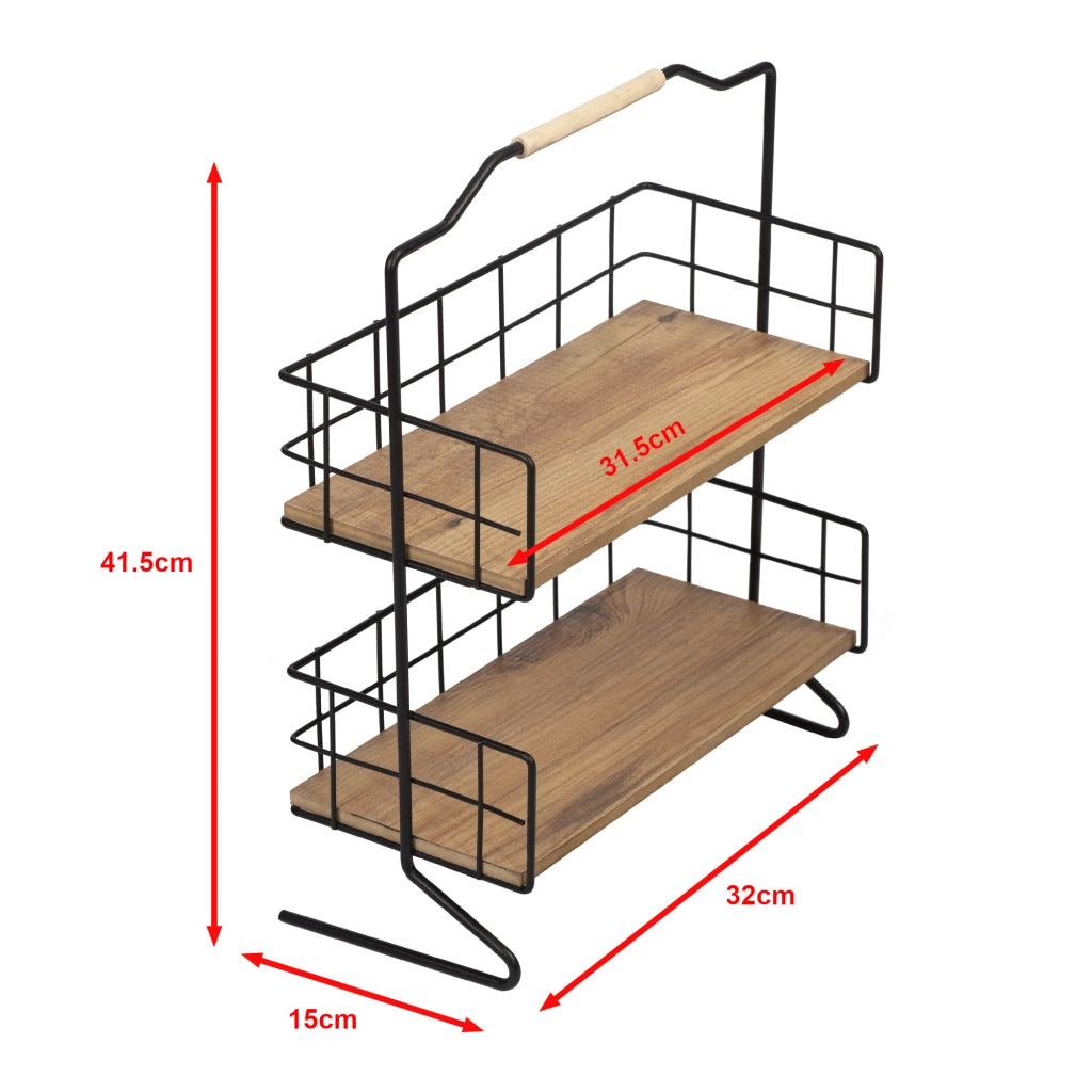 Scaffale Autoportante 'Sallingsund' Organizzatore Decorativa in Metallo con 2 Ripiani in MDF Portaoggetti per Bagno Cucina - Nero / Effetto Legno [en.casa]