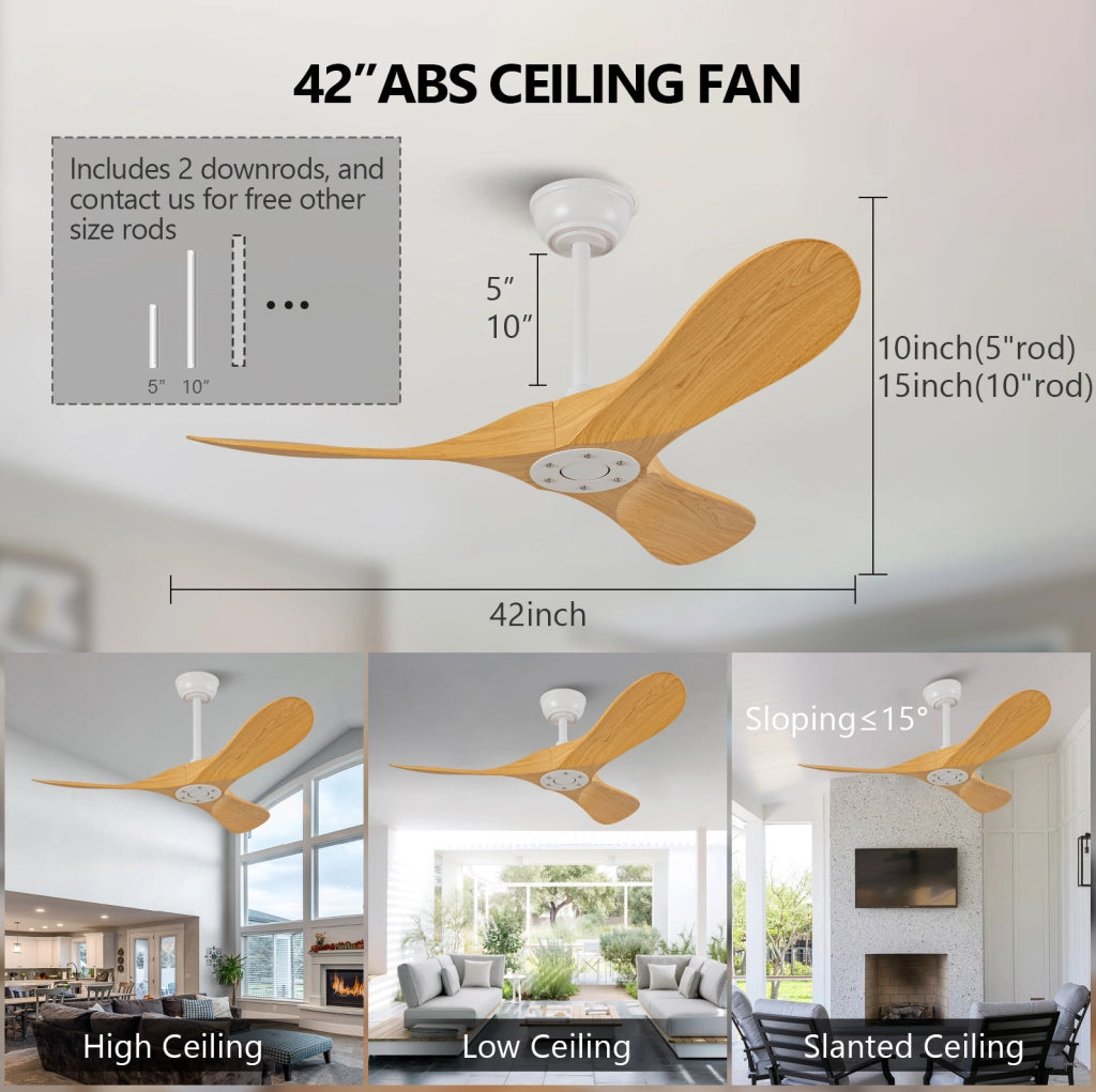 Ventilatore da soffitto 42'' senza luce con telecomando, 6 velocit¨¤ e pale in ABS bianco/naturale
