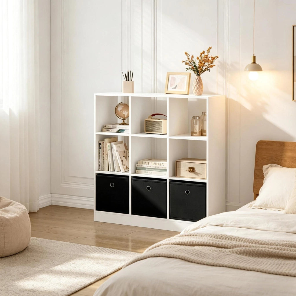 Libreria a cubi bianca e nera con 3 cassetti in tessuto, 80x86,5x30 cm, mensola indipendente per soggiorno e cucina