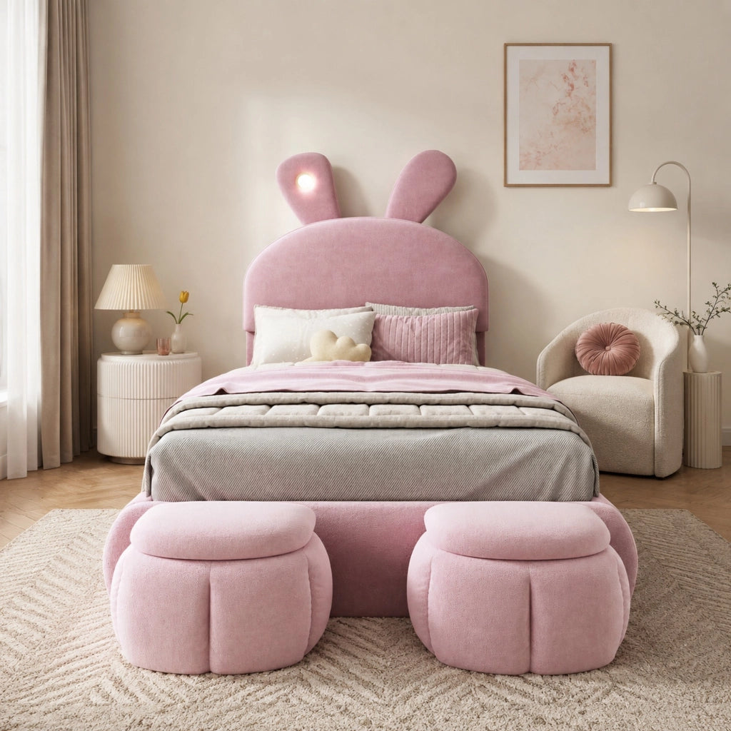 Letto imbottito singolo rosa con orecchie di coniglio e luci LED