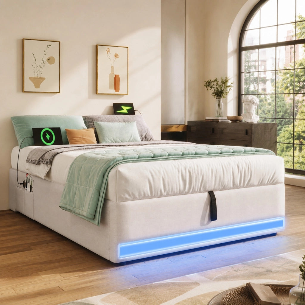 Letto imbottito 90x200 cm beige con LED, USB/Type-C e vano contenitore