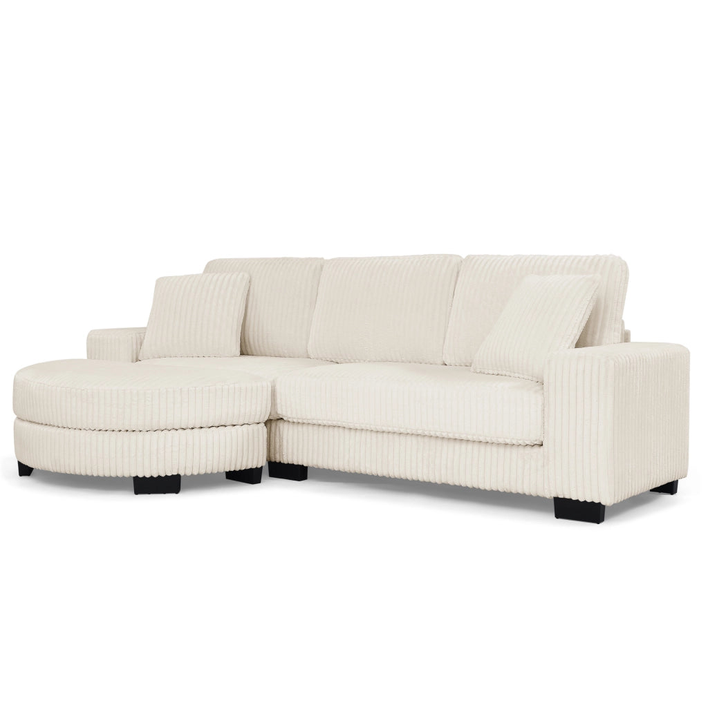 Divano angolare a L 4 posti in velluto a costine beige con pouf ovale modulare e 2 cuscini