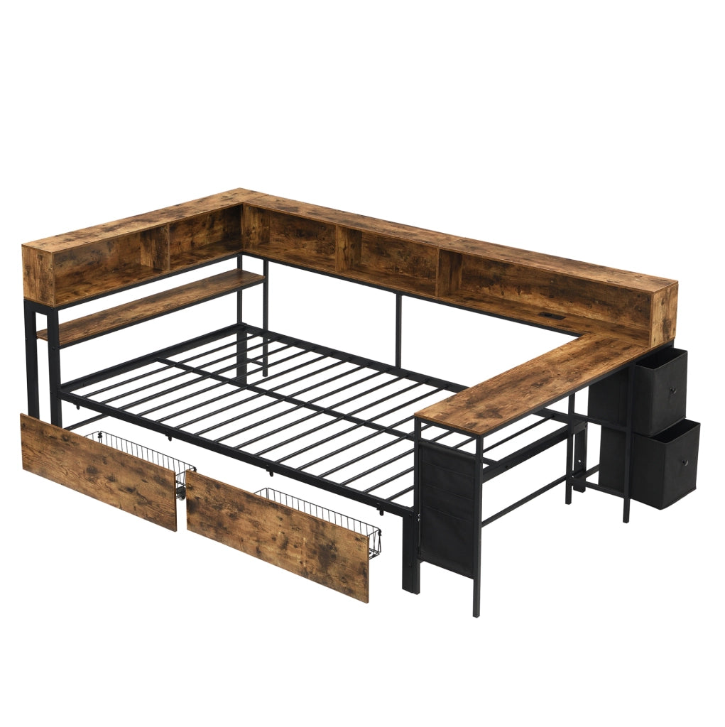Letto singolo 120x200 cm in metallo e legno con 2 cassetti e porta di ricarica HOMVRA