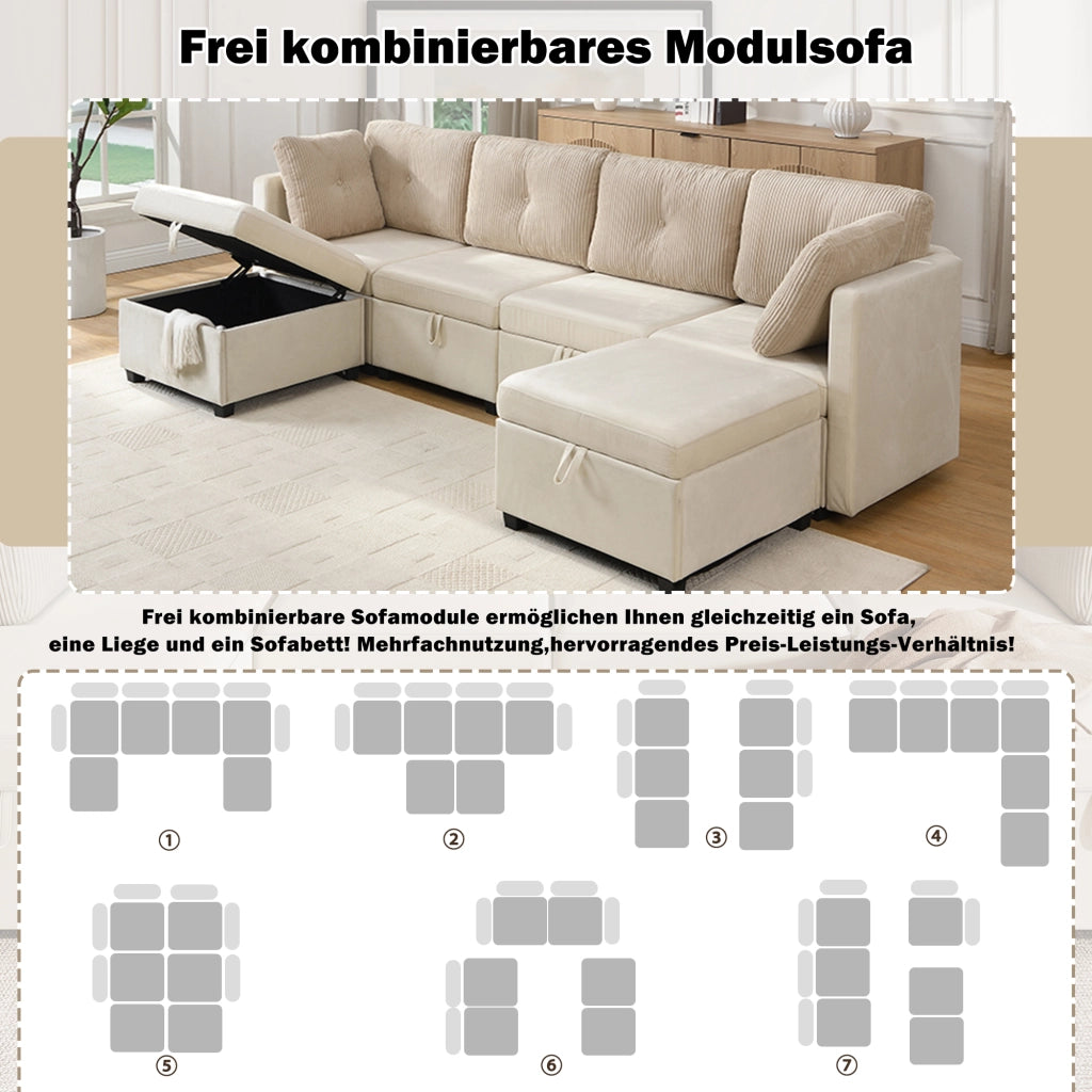 Divano modulare a U 6 posti con contenitore e cuscini, in velluto e cordino Beige