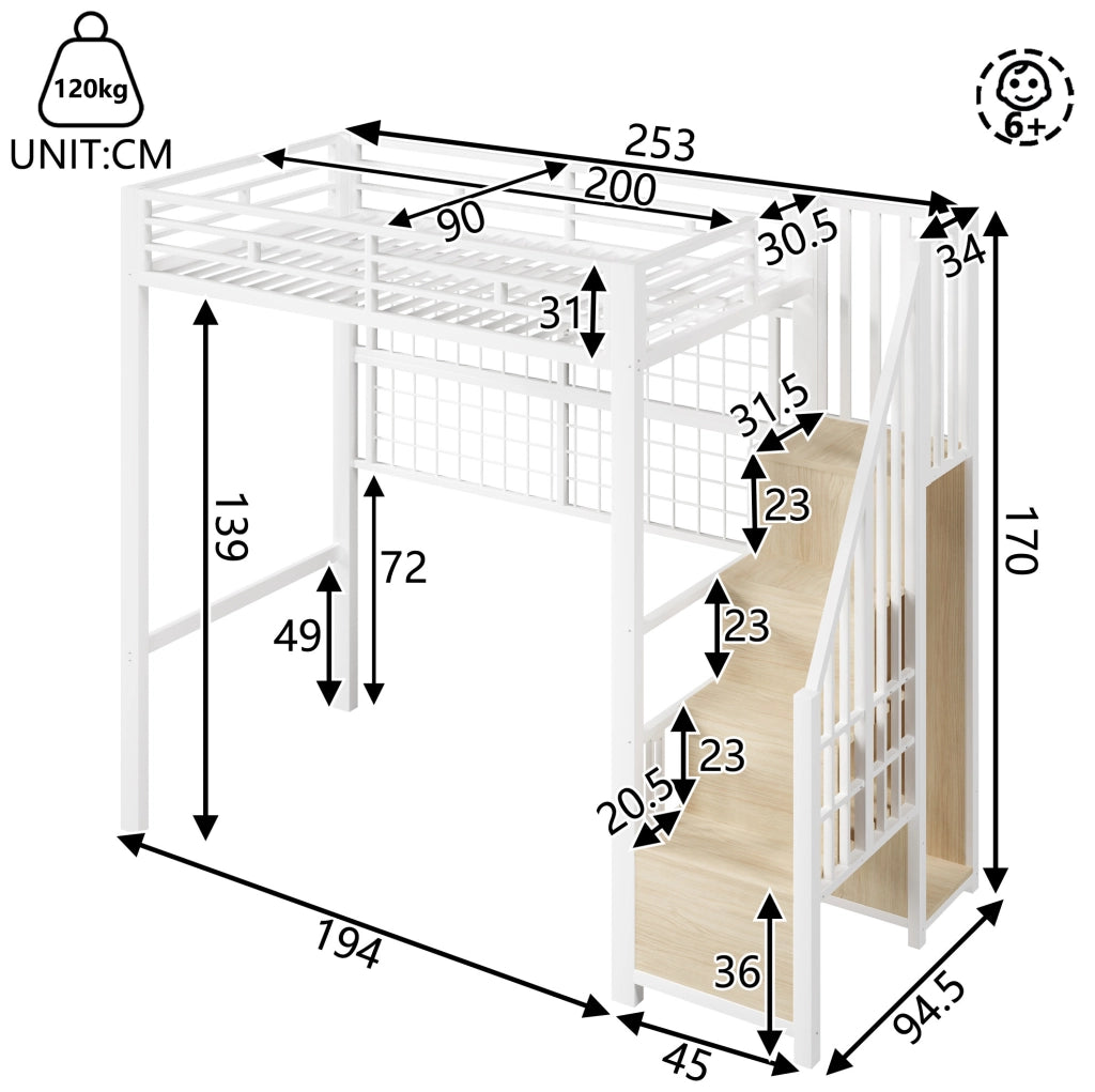 Letto a soppalco 90x200 cm con struttura in ferro, armadio con scala contenitore, griglia appendiabiti, luci LED a 7 colori, bianco, senza materasso