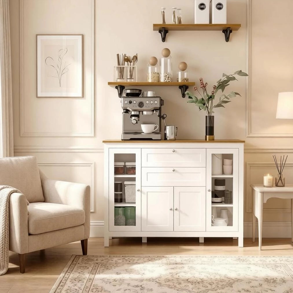 SIDEBOARD 120x40x90 cm in MDF Bianco e Legno Chiaro con 2 Cassetti