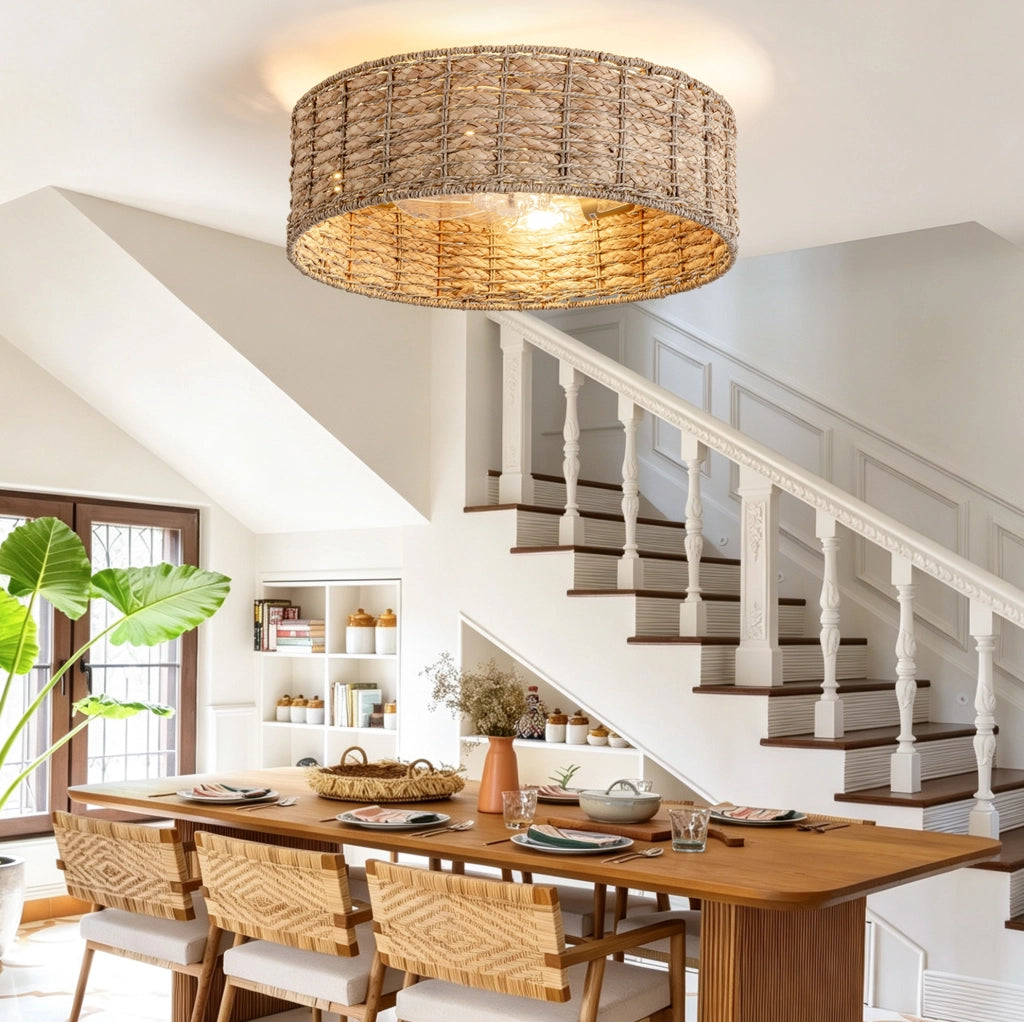 Ventilatore da soffitto con luce in rattan intrecciato; controllo App e telecomando; rame
