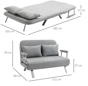 Divano letto a due posti reclinabile con cuscini, grigio chiaro
