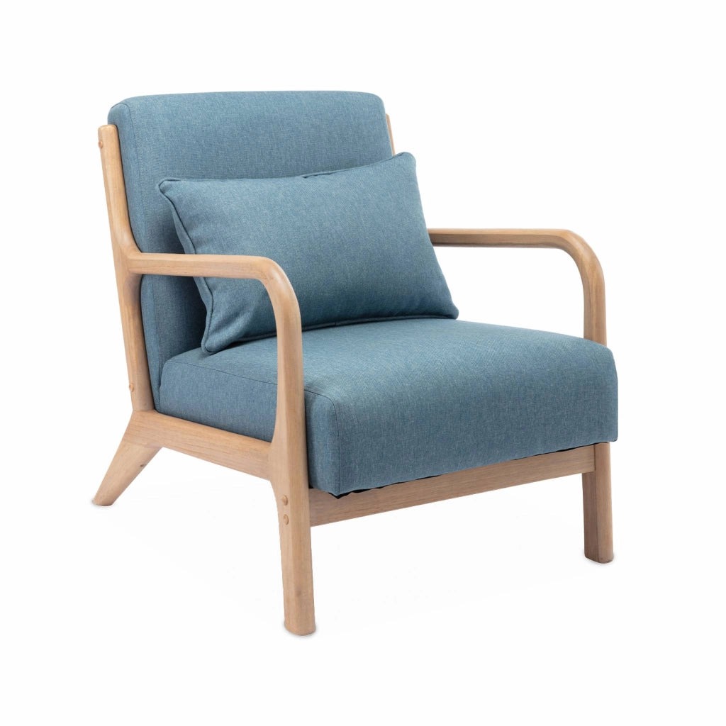 Poltrona scandinava in legno e tessuto con braccioli, blu
