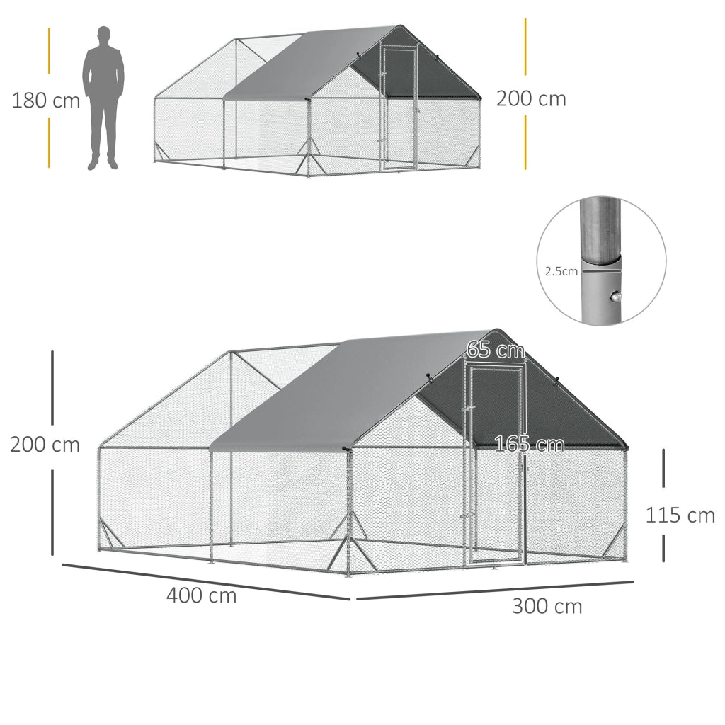 Recinto per pollame da esterno con porta chiudibile telaio zincato rete esagonale argento 3 × 4 × 2 m
