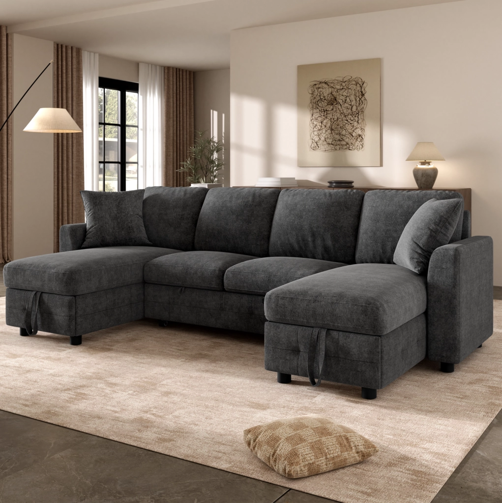 Divano letto a U estraibile 260x128 cm in ciniglia grigio scuro con USB e USB-C