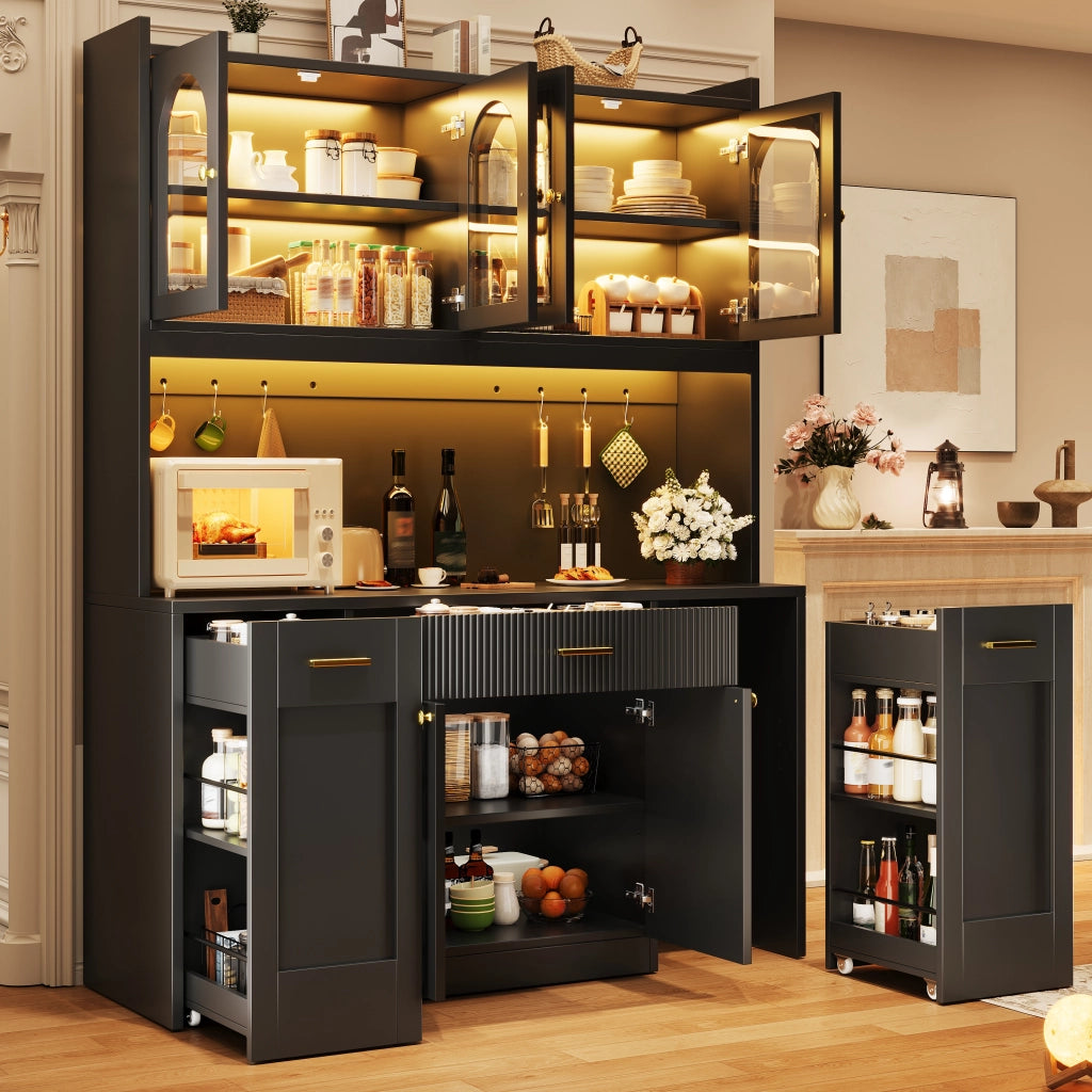 Colonna da cucina nera con LED RGB, controllo app, vetrine in vetro, cassetti e ripiani 120 × 40 × 187 cm