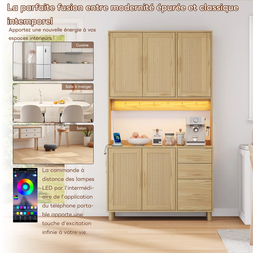 Credenza da cucina alta LED con 3 cassetti, 3 ante, ripiani regolabili, prese e USB per cucina, MDF naturale, 183 cm