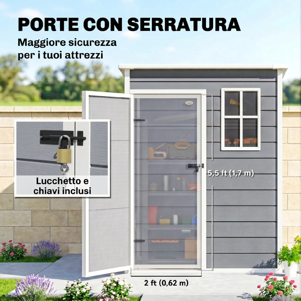 Casetta da Giardino Porta Attrezzi Grigio con Porta Bloccabile Finestra e Presa d'Aria 133x74 cm Resistente per Esterno