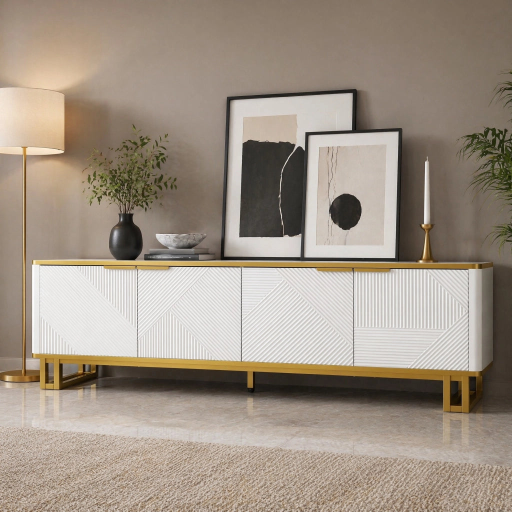 MOBILE TV 160x37,5x48 cm MDF Bianco con 4 ante e struttura in ferro