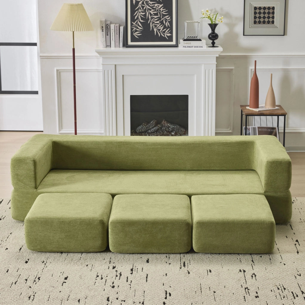 Divano letto modulare in ciniglia verde 201x75,5x50 cm salvaspazio