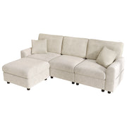 Divano dritto moderno con pouf mobile, porta USB e porta di tipo C, 2 cuscini quadrati, in ciniglia e velluto a coste beige