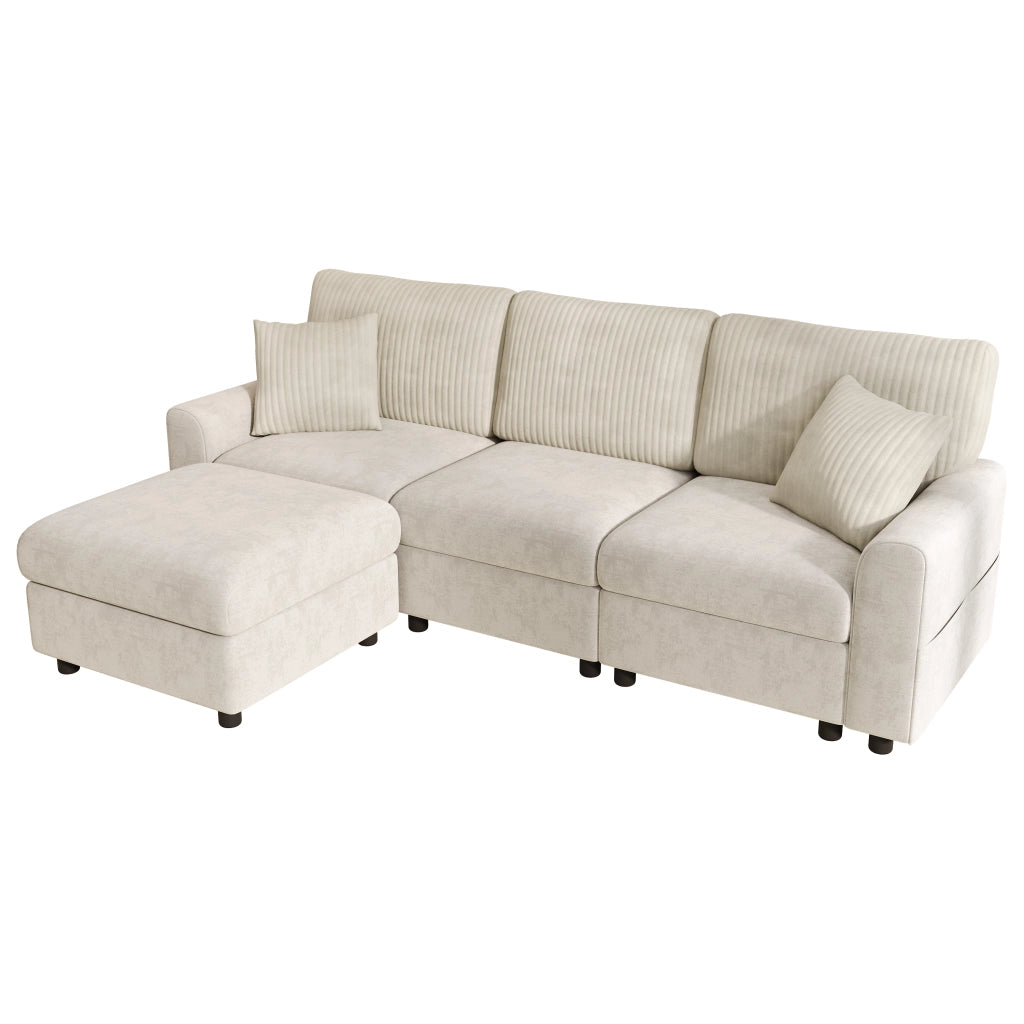 Divano dritto moderno con pouf mobile, porta USB e porta di tipo C, 2 cuscini quadrati, in ciniglia e velluto a coste beige