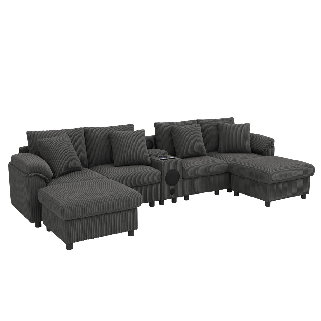 Divano modulare a U in velluto a coste con contenitore; Bluetooth; ricarica wireless; USB; cuscini; grigio 315;5 Ã— 144 Ã— 84;5 cm