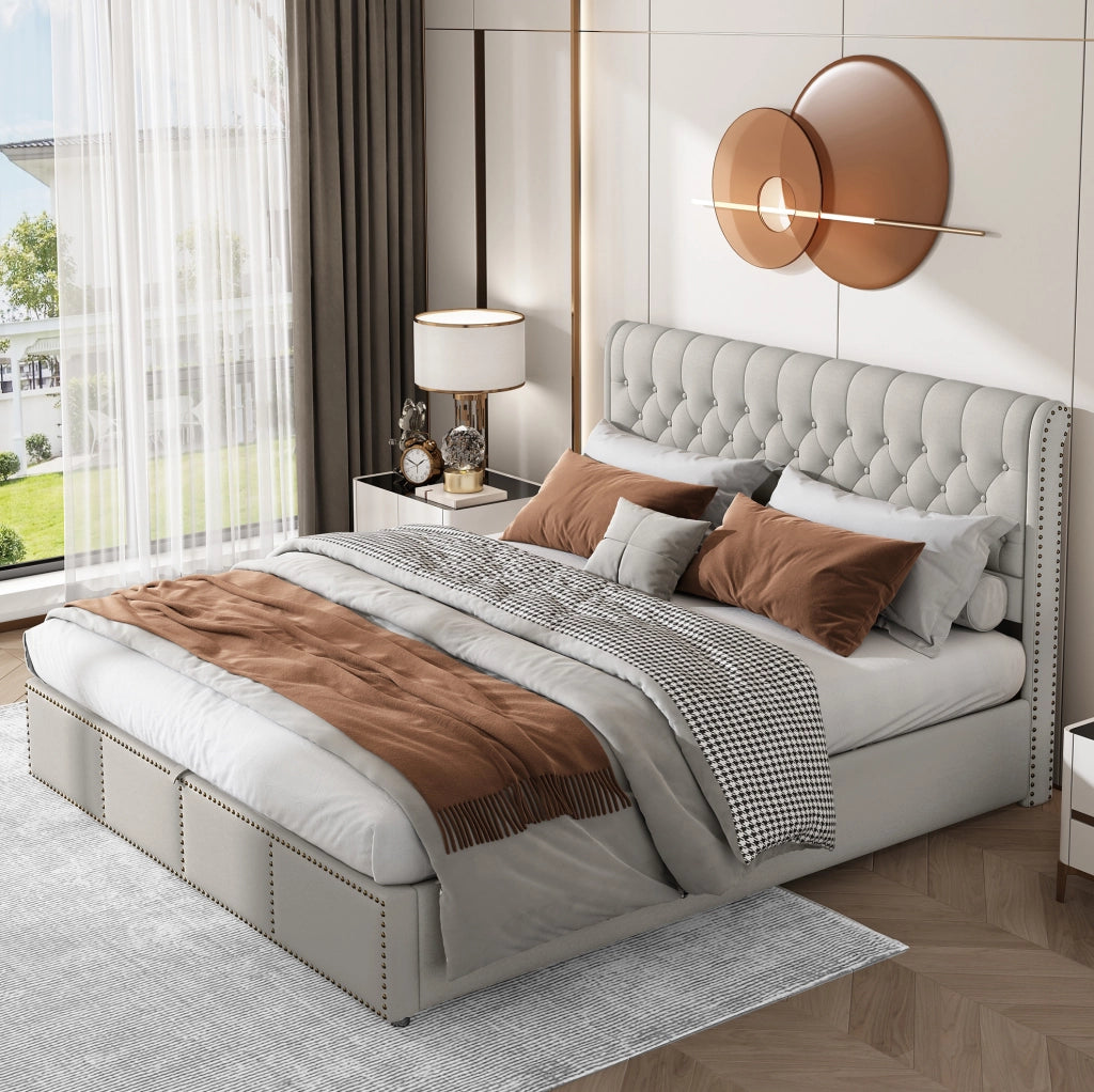 Letto matrimoniale 160x200 cm con contenitore in cotone e lino; grigio