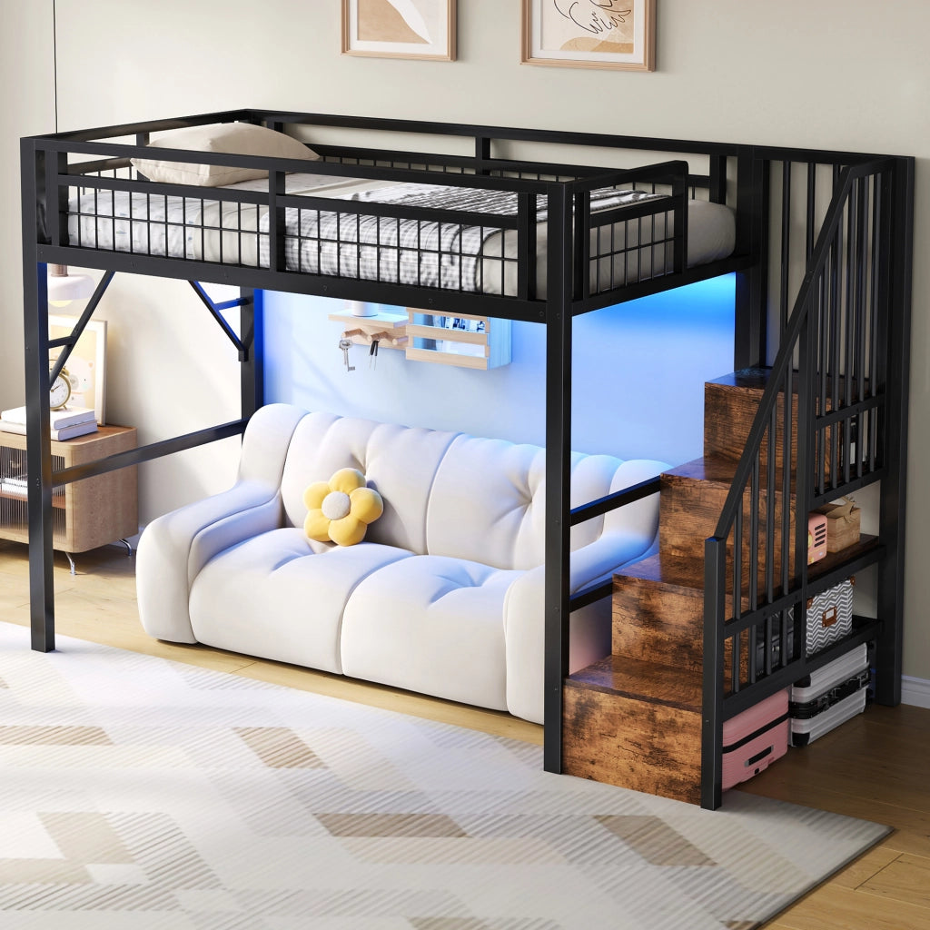 Letto a soppalco 90x200 cm nero con struttura in ferro; scala contenitore e luce LED