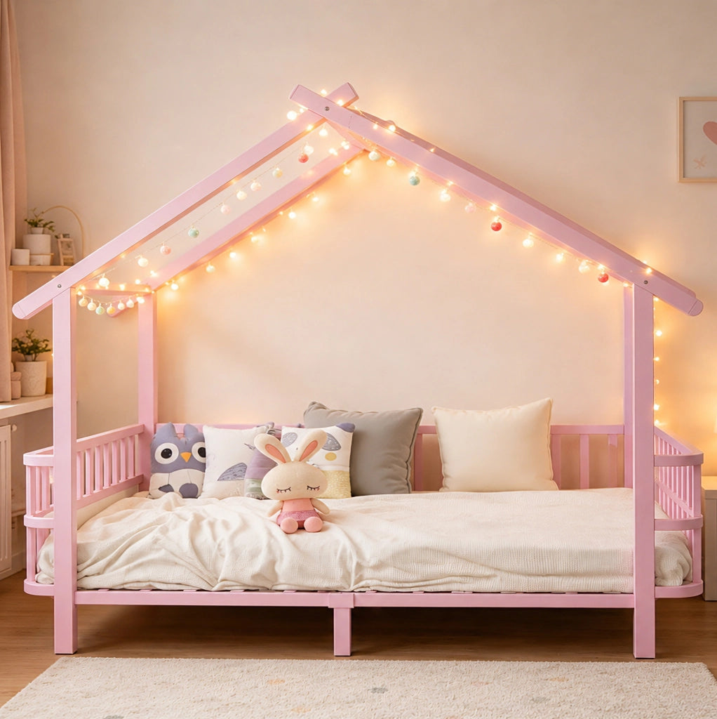 Letto per bambini in metallo rosa a casetta 90 x 200 cm con sponde di sicurezza