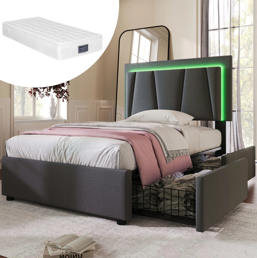 Letto singolo 90x200 cm con LED, 2 cassetti e materasso