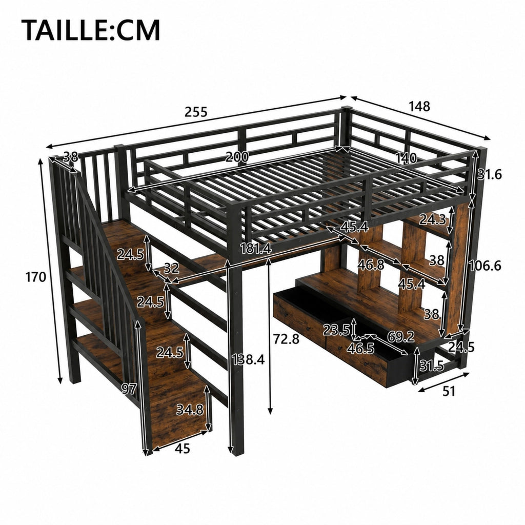 Letto a soppalco ULEVR 140x200 cm con scrivania, libreria, 2 cassetti, scala contenitore e LED, nero