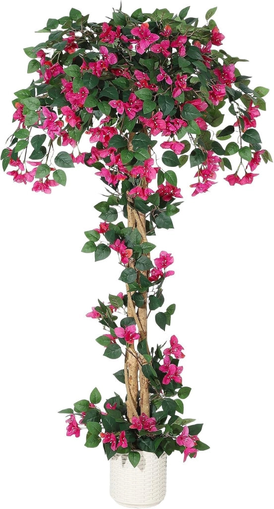 Bougainvillea Artificiale in Seta con Tronco in Legno Resistente UV e Vaso Bianco