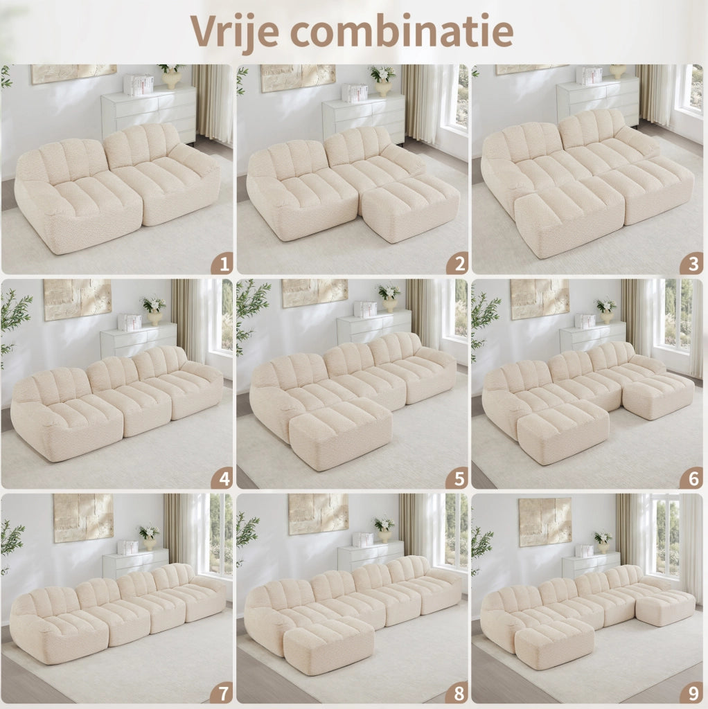 Divano modulare ad angolo 3 posti con pouf, imbottitura in schiuma ad alta densità 32D, tessuto morbido beige chiaro