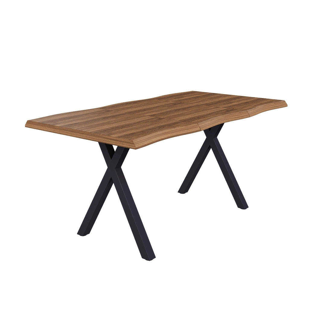 Tavolo da Pranzo 180x78 cm 4-6 Posti LEMONMAX; Piano MDF 28 mm con Bordi Ondulati; Gambe a X in Metallo; Finitura Effetto Noce; Portata 60 kg