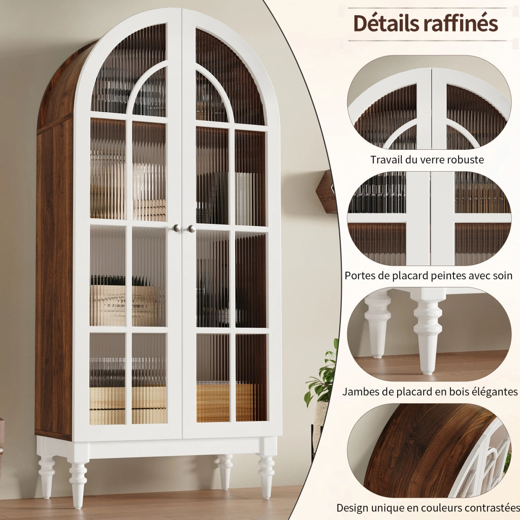 Vetrina ad arco 76x38;5x165 cm con ante in vetro scanalato; 3 ripiani; MDF bianco