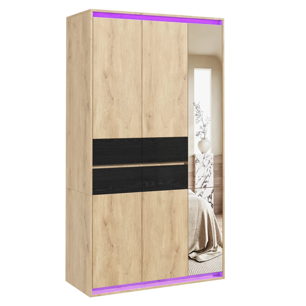 Armadio con specchio e illuminazione LED, 90x47x200 cm, antracite-rovere, 2 appendini, 4 cassetti, 9 vani, ante battenti