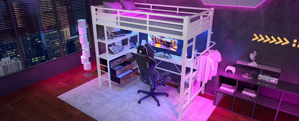 Letto a soppalco 90x200 cm con luce LED, scrivania, prese elettriche e USB, 3 cassetti, mensole, ringhiera e scala, bianco, senza materasso
