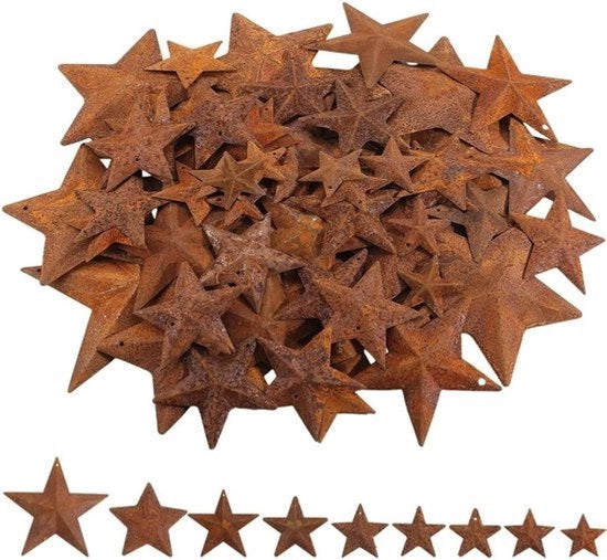 Sterne di scuolatura metallica - 90 pezzi - Stelle arrugginite primitive - Alluminio - Hangers dimensionali - Stelle a cinque punte per decorazione - Artigianato artistico Halloween Natale - Decorazione per giardino casa muro