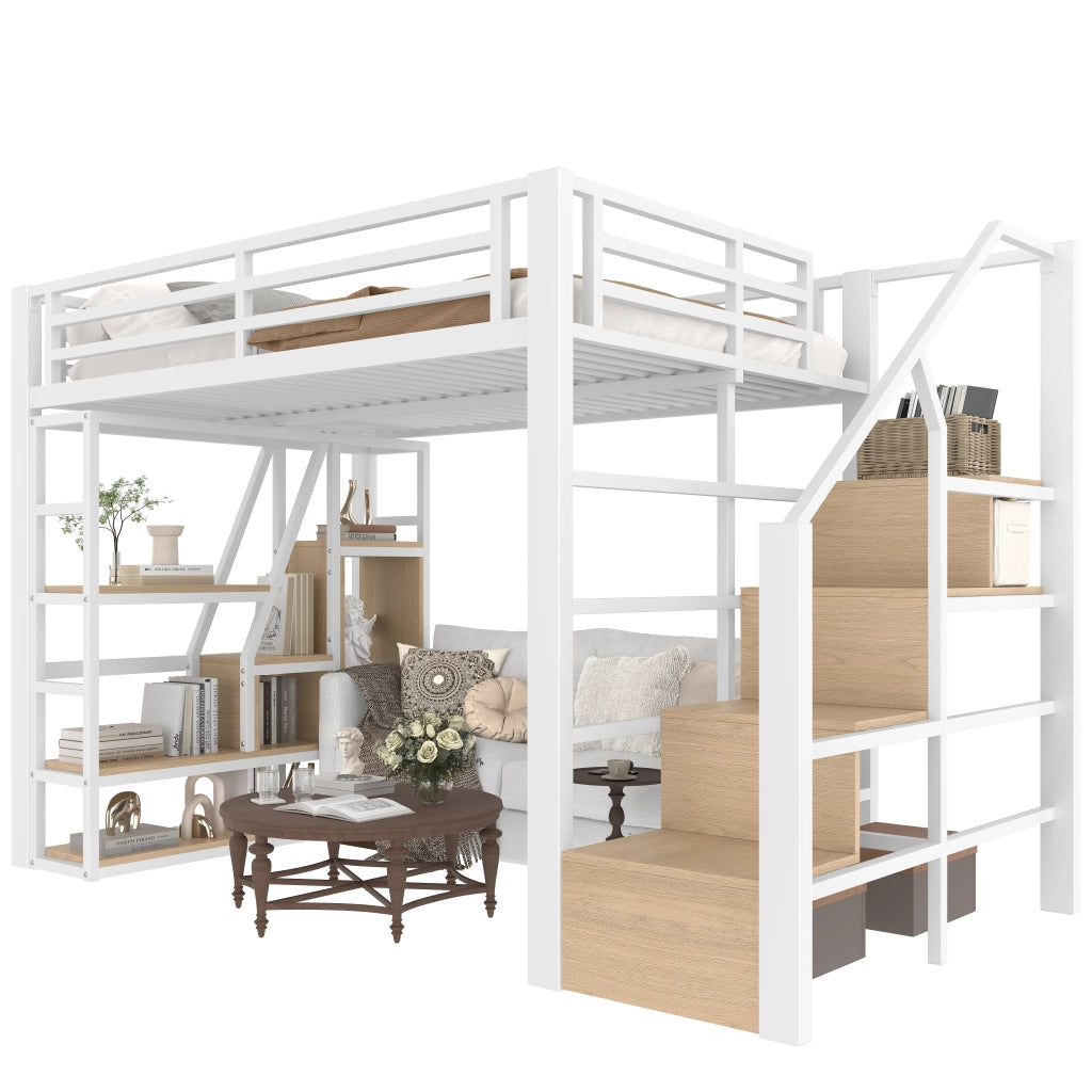 Letto a soppalco 140 × 200 cm con ripiani; scala con contenitore e LED multicolore in metallo e MDF bianco