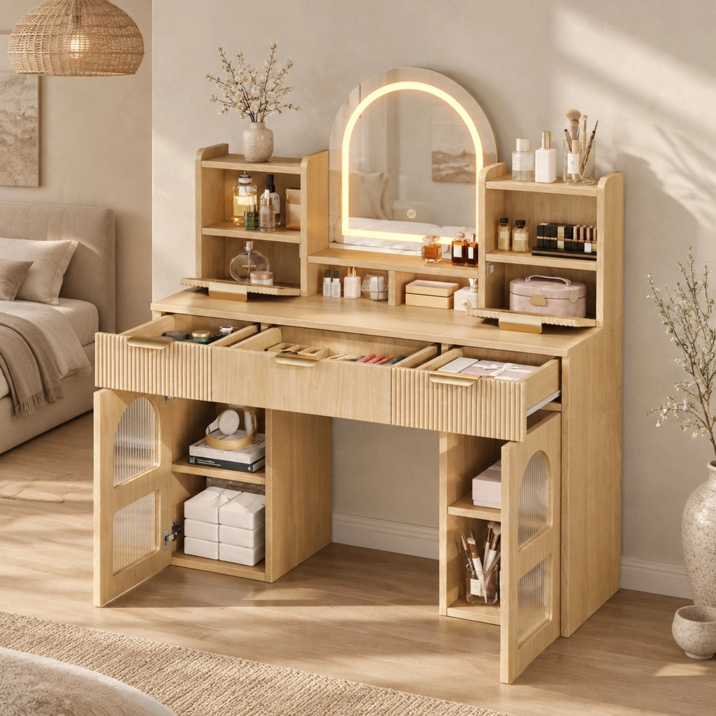 Toeletta ULEVR 120x40x139,5 cm con specchio LED dimmerabile, 3 cassetti e 2 vetrinette, naturale