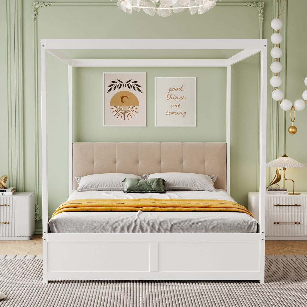 Letto con cassetti 140 × 200 cm con struttura a tenda testiera imbottita in metallo compensato e MDF bianco
