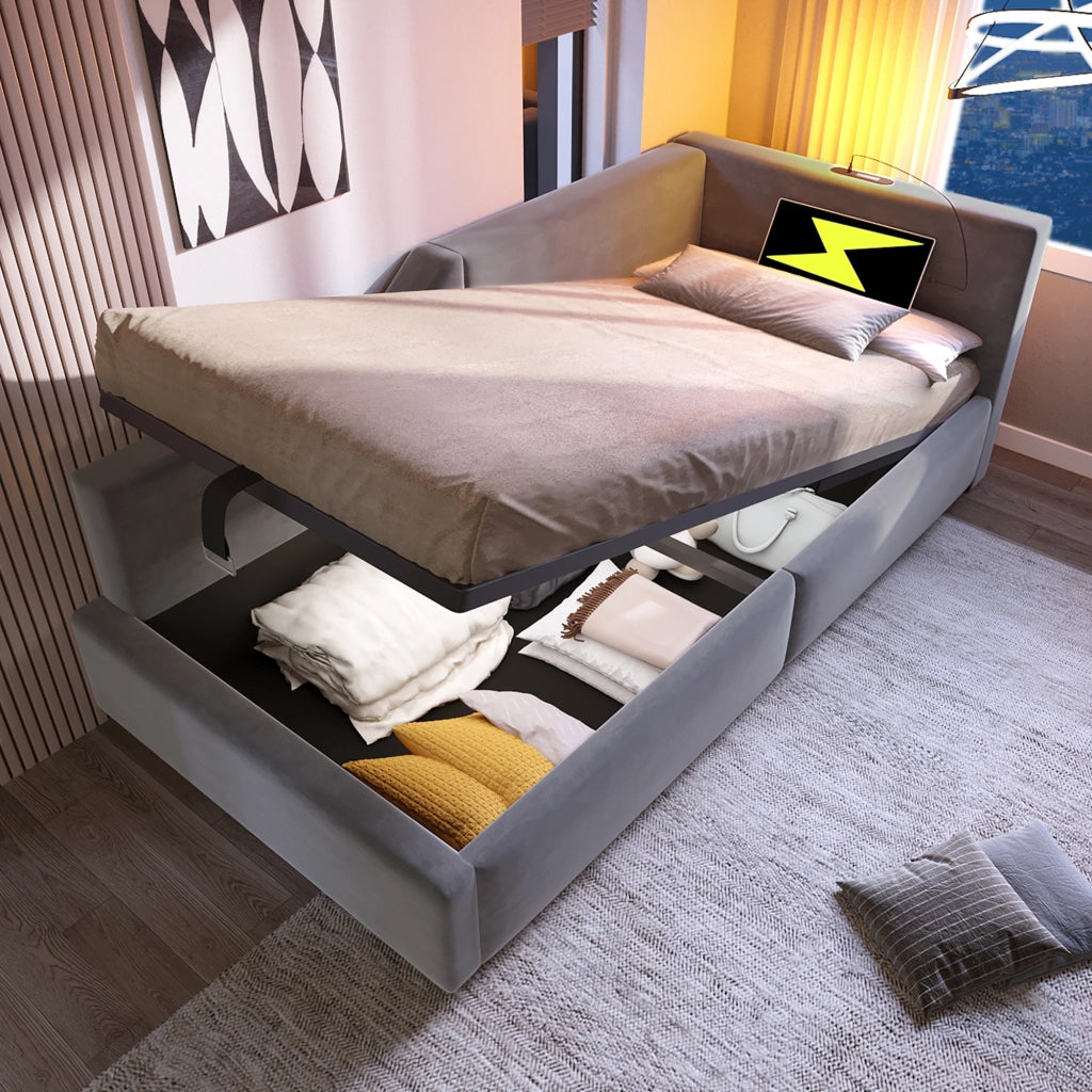 Letto contenitore 90 × 190 cm con rete rialzabile idraulica; velluto grigio; USB-C e luce da lettura