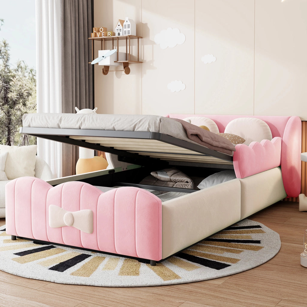 Letto imbottito per bambini 90 x 200 cm; contenitore idraulico; velluto rosa per cameretta