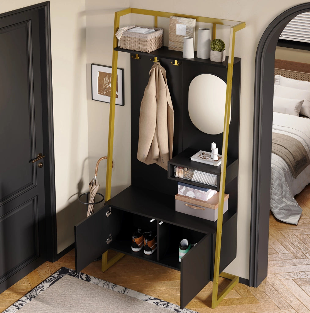 Mobile guardaroba compatto con specchio; ganci e panca portascarpe; 78 ¡Á 38.5 ¡Á 180.5 cm; nero