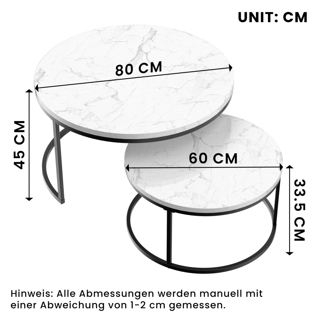 Set di 2 tavolini da caffè impilabili in MDF effetto marmo e ferro; bianco e nero