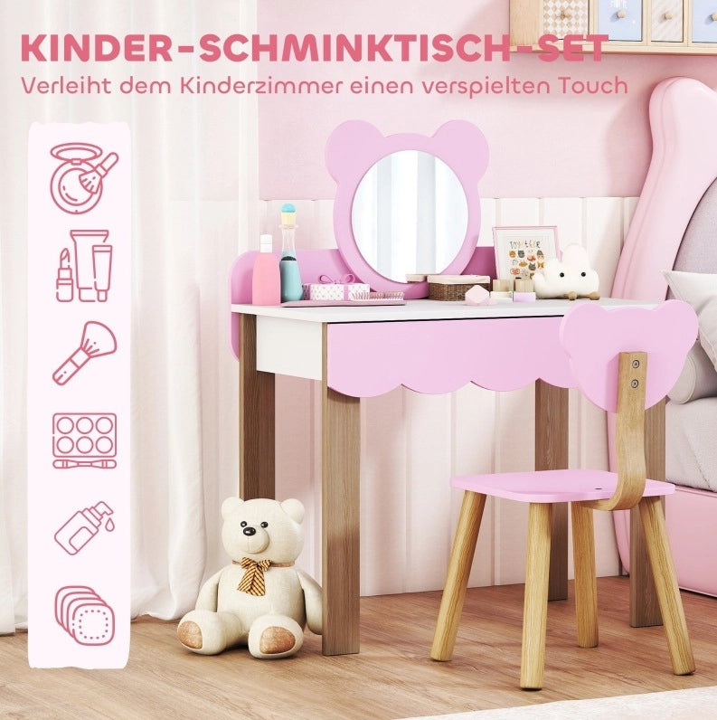Toeletta per bambini ULEVR rosa con specchio acrilico a forma di orsetto, cassetto e sgabello