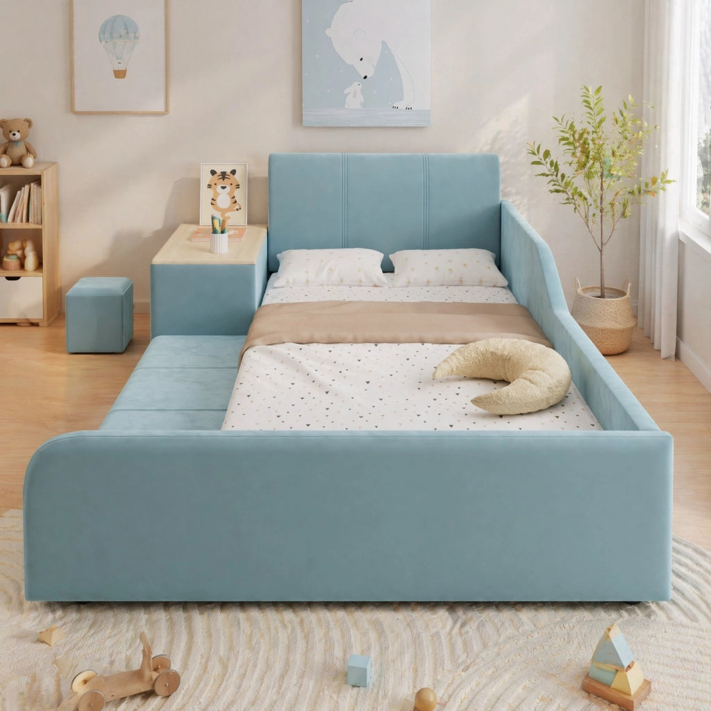Letto singolo imbottito 90x200 cm con scrivania laterale e sgabello; velluto blu